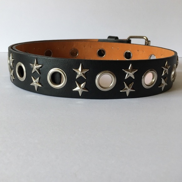 Black Studded Hip Belt Silver Tone Buckle Stars - Picture 2 of 3